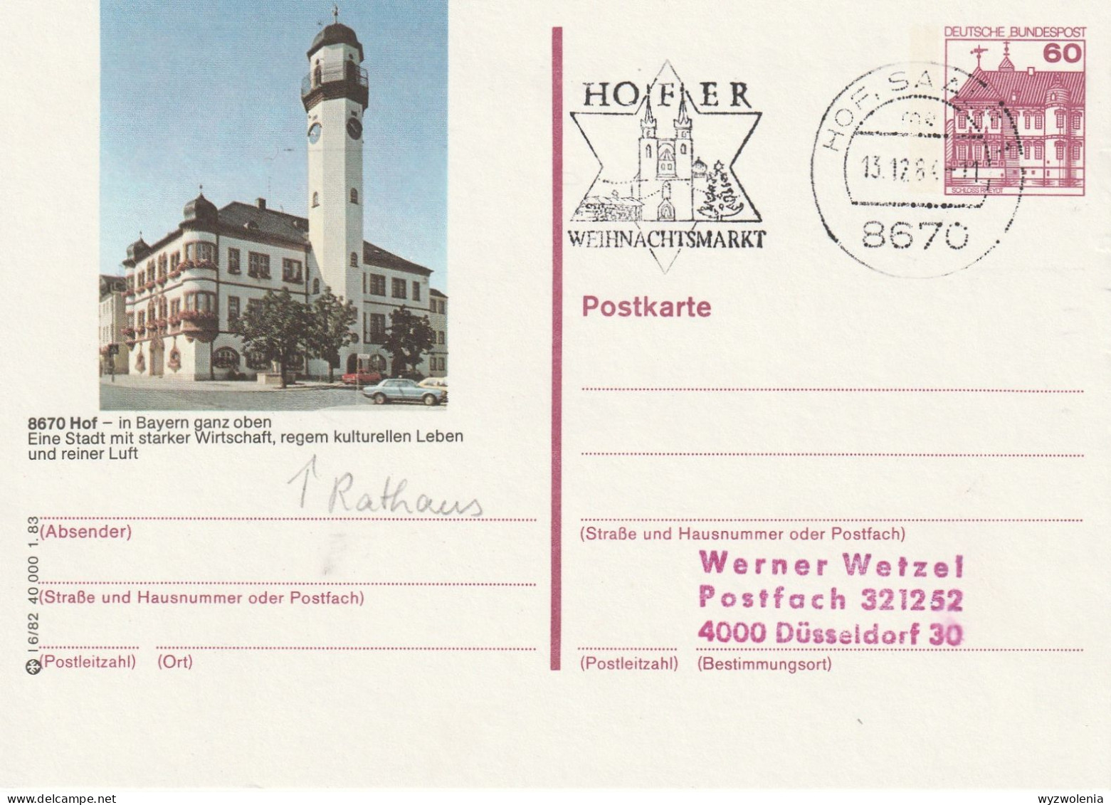N 1111) BRD 1983 BiPo 8670 Hof Bayern Rathaus, MWSt Hofer Weihnachtsmarkt Kirche - Illustrated Postcards - Used
