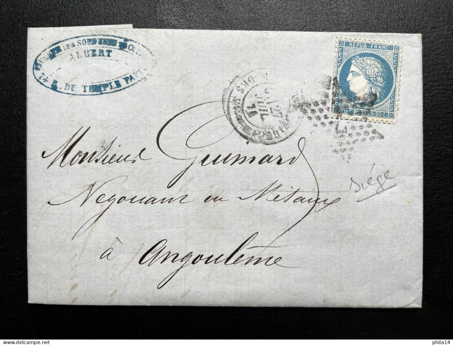 N°37 20c BLEU CERES SIEGE SUR LETTRE / PARIS ETOILE 7 POUR ANGOULEME / 27 JUIL 1871 / LAC - 1849-1876: Classic Period