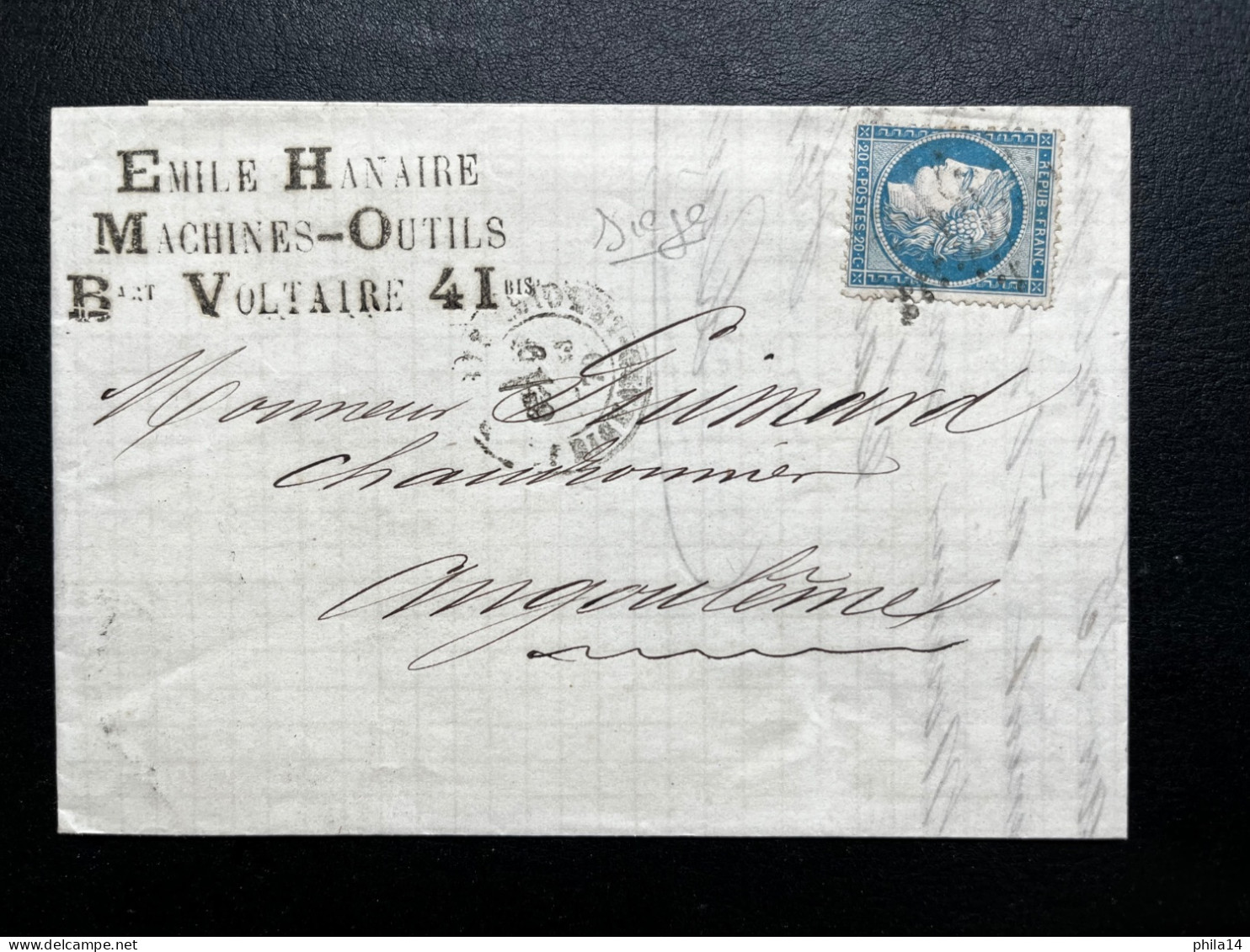 N°37 20c BLEU CERES SIEGE SUR LETTRE / PARIS ETOILE  POUR ANGOULEME / 9 MARS 1871 / LAC - 1849-1876: Période Classique