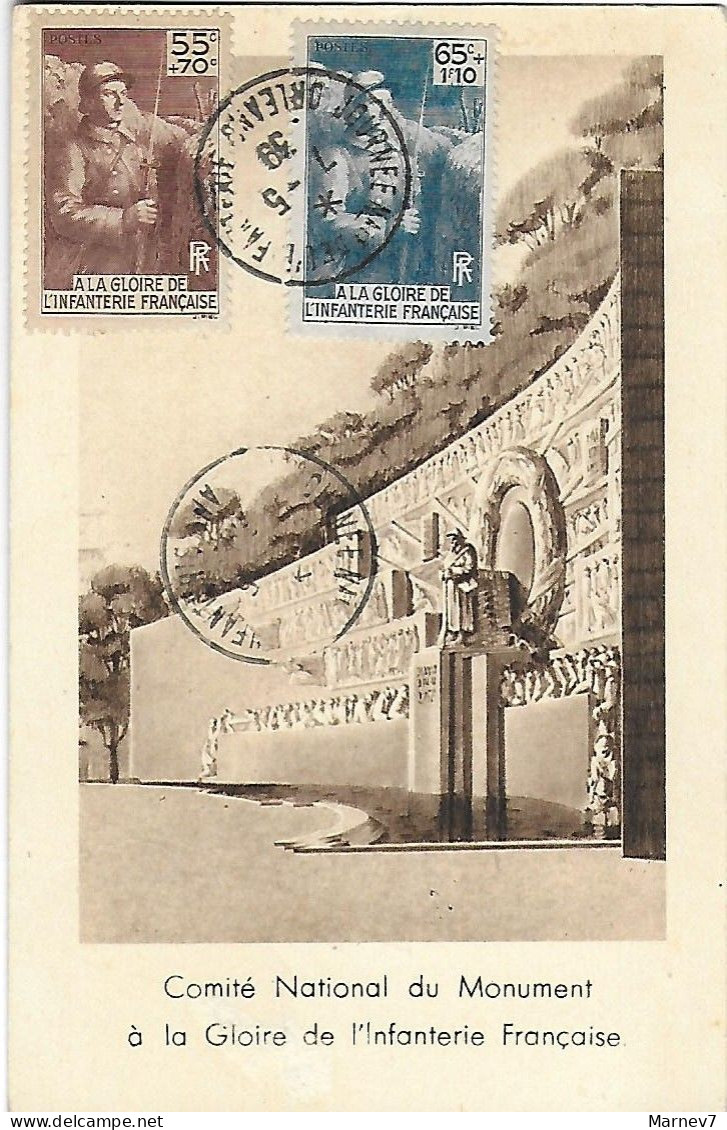 Année 1938 - Yvert 386 & 387 Sur Carte Postale - Journée Exposition Nationale Infanterie 7 5 39 - Comité National - Covers & Documents