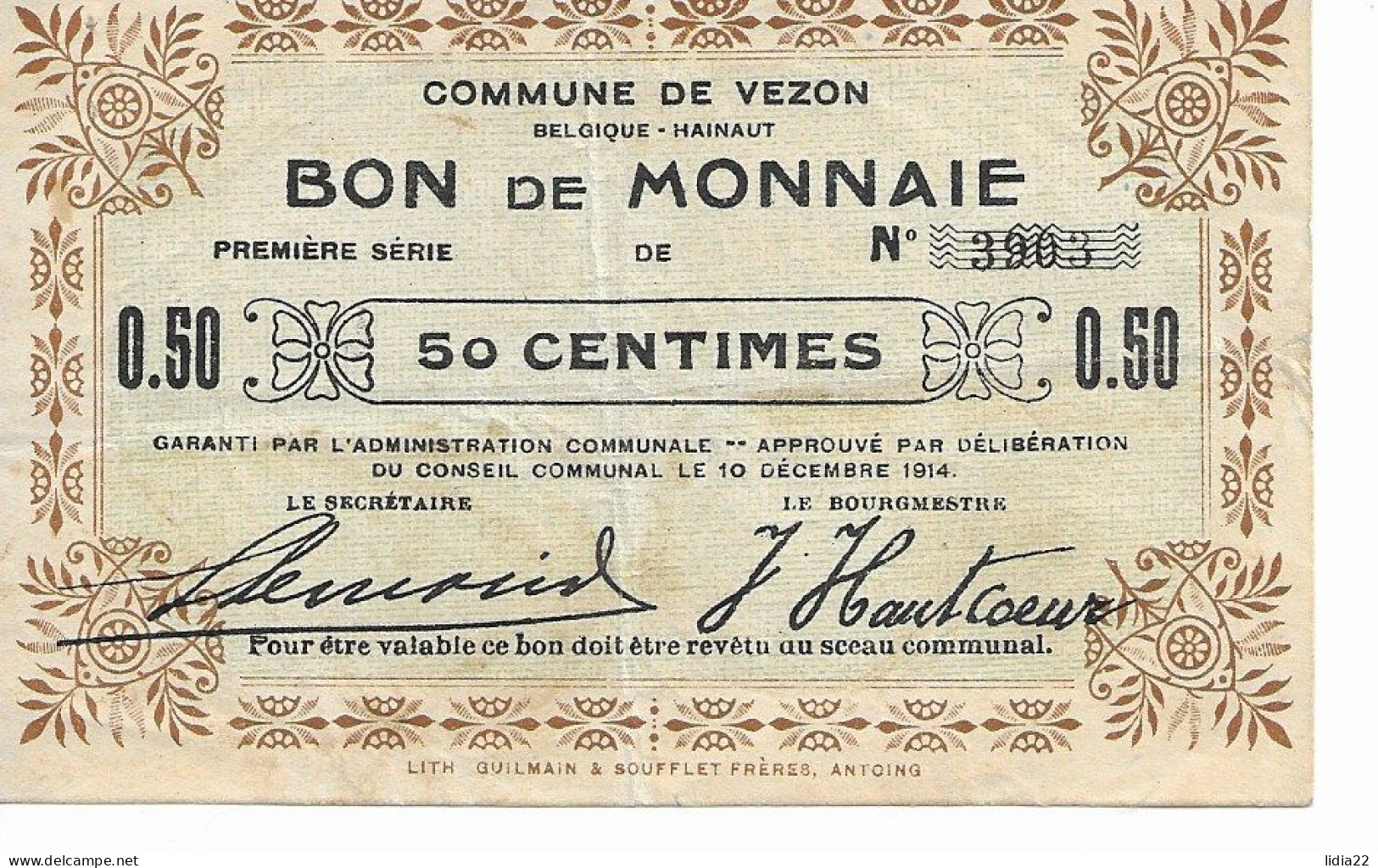 Vezon (Tournai) Bon De Monnaie 50 Centimes 1914 - Doornik