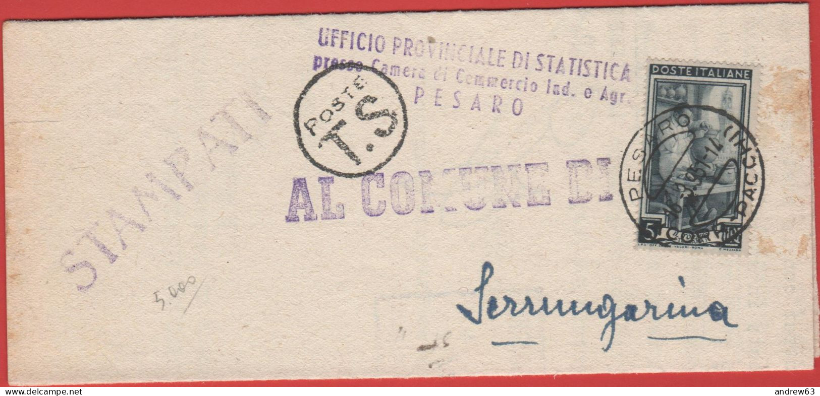 ITALIA - Storia Postale Repubblica - 1951 - 5 Italia Al Lavoro (Isolato) - Stampe - Ufficio Provinciale Di Statistica - - 1946-60: Marcophilie