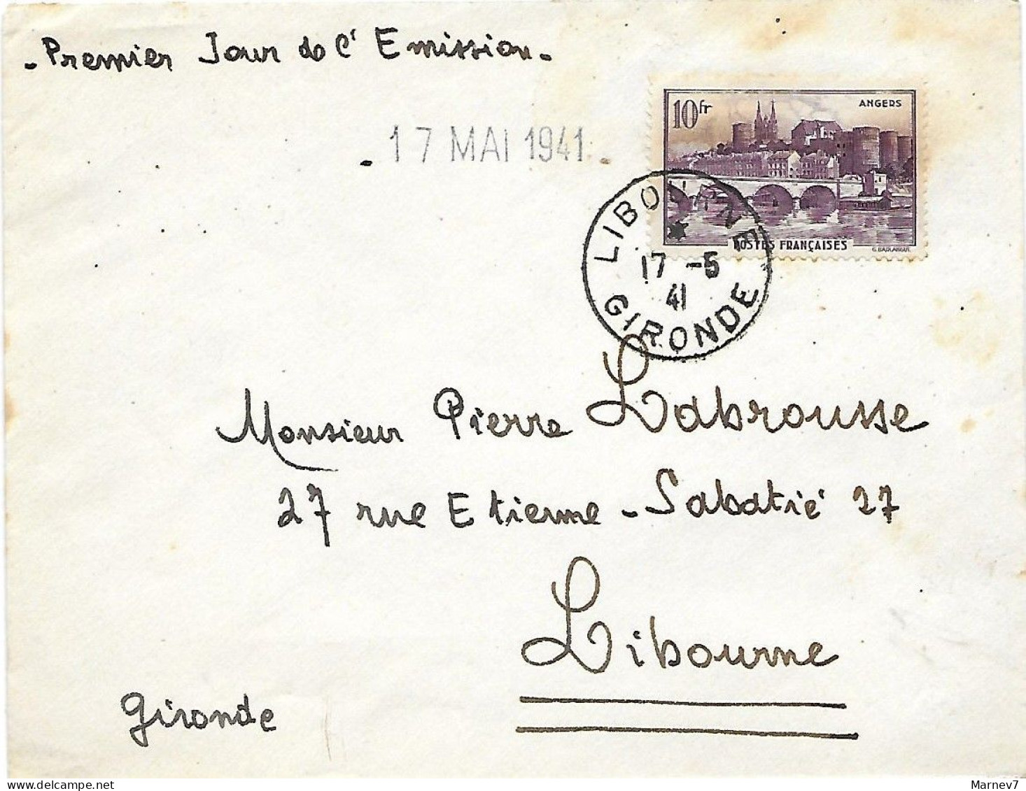 Année 1941 - Yvert 500 Sur Carte Lettre - Oblitération LIBOURNE 17 5 41 - Premier Jour D'Emission - ANGERS - Briefe U. Dokumente