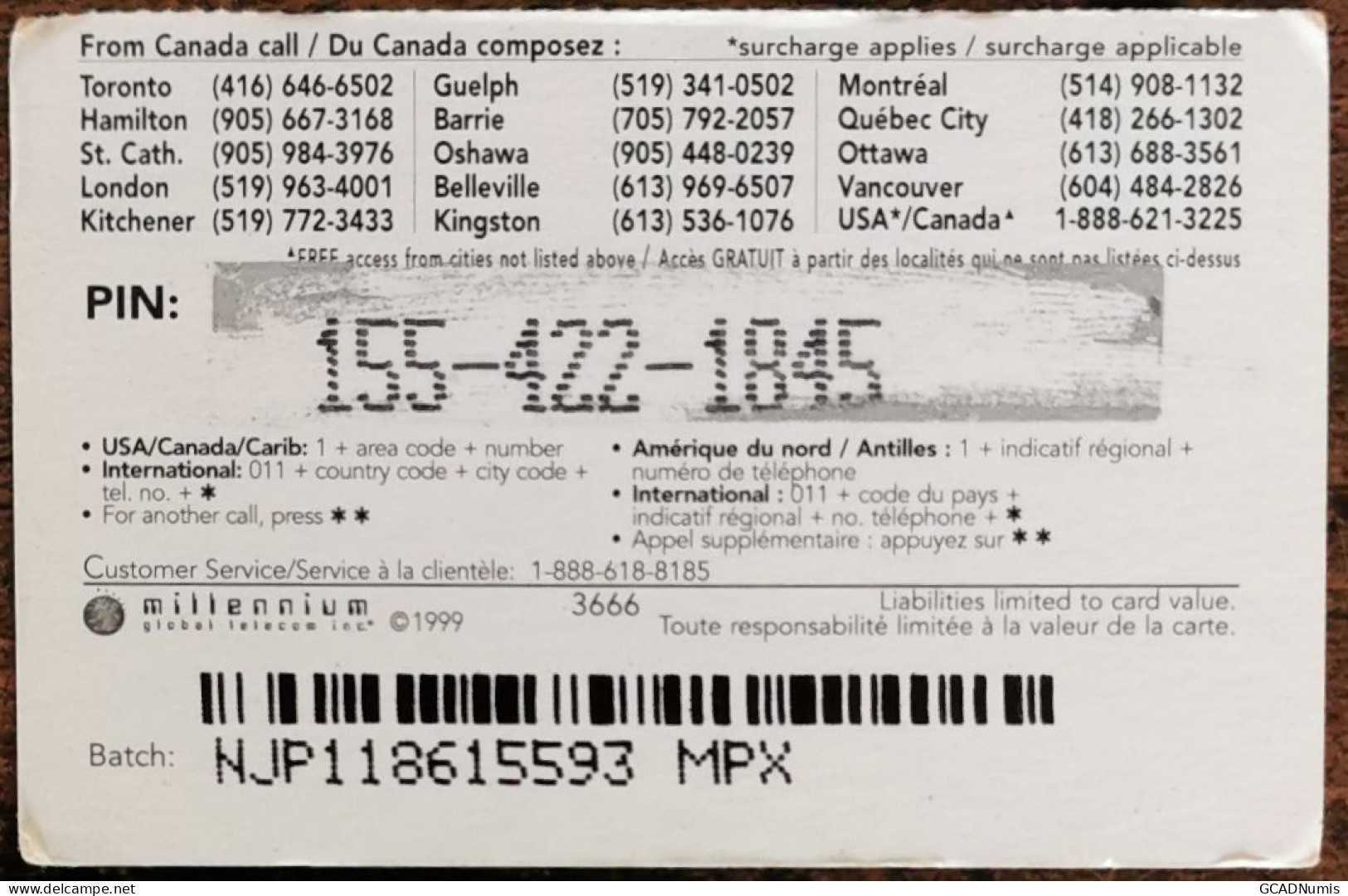 Carte De Recharge - Jackpot Millenium Global Telecom (MGT) Canada 5$ - Télécarte ~74 - Kanada