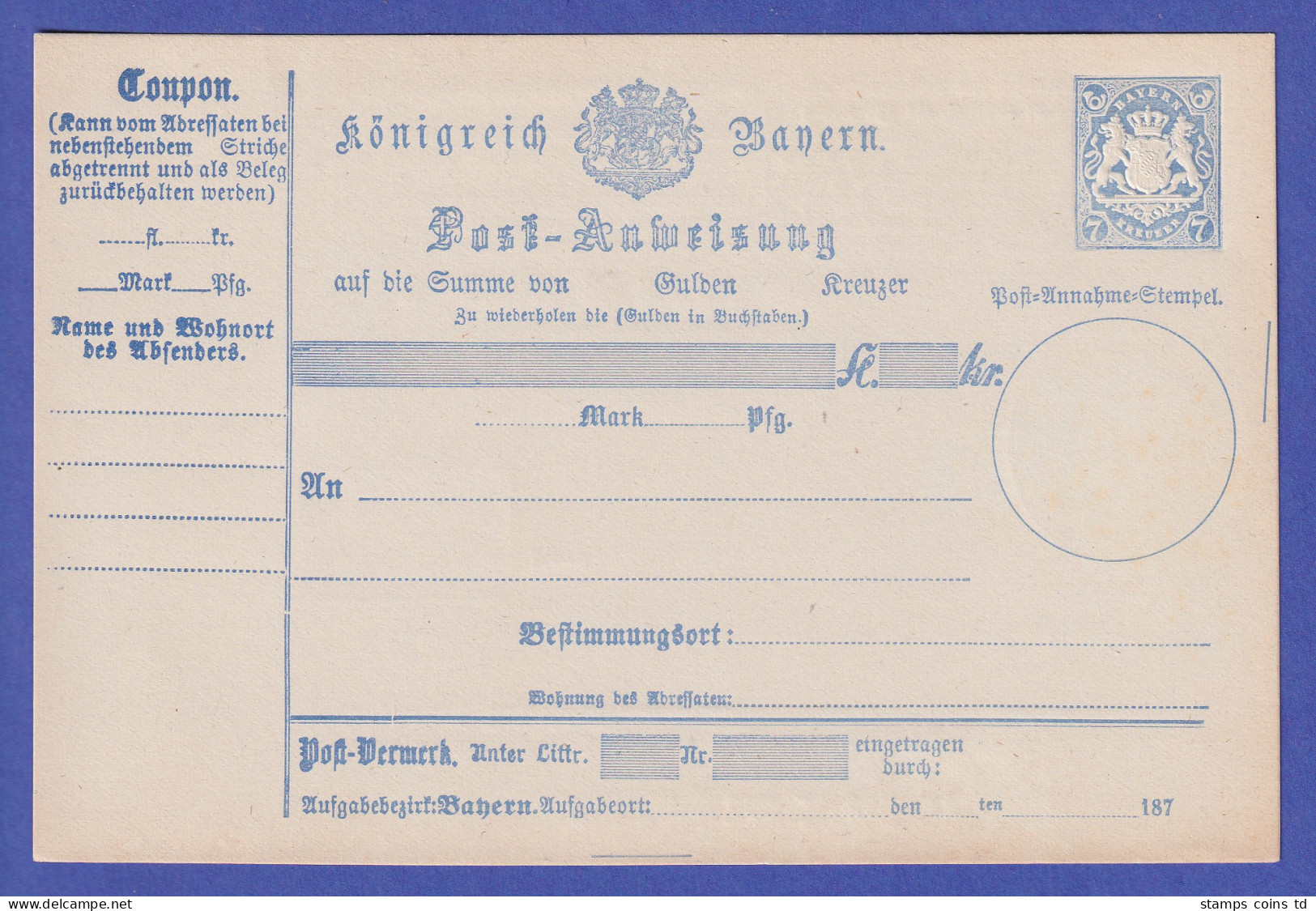 Bayern Ganzsache Postanweisung Mi.-Nr. A12 II Postfrisch ** - Enteros Postales