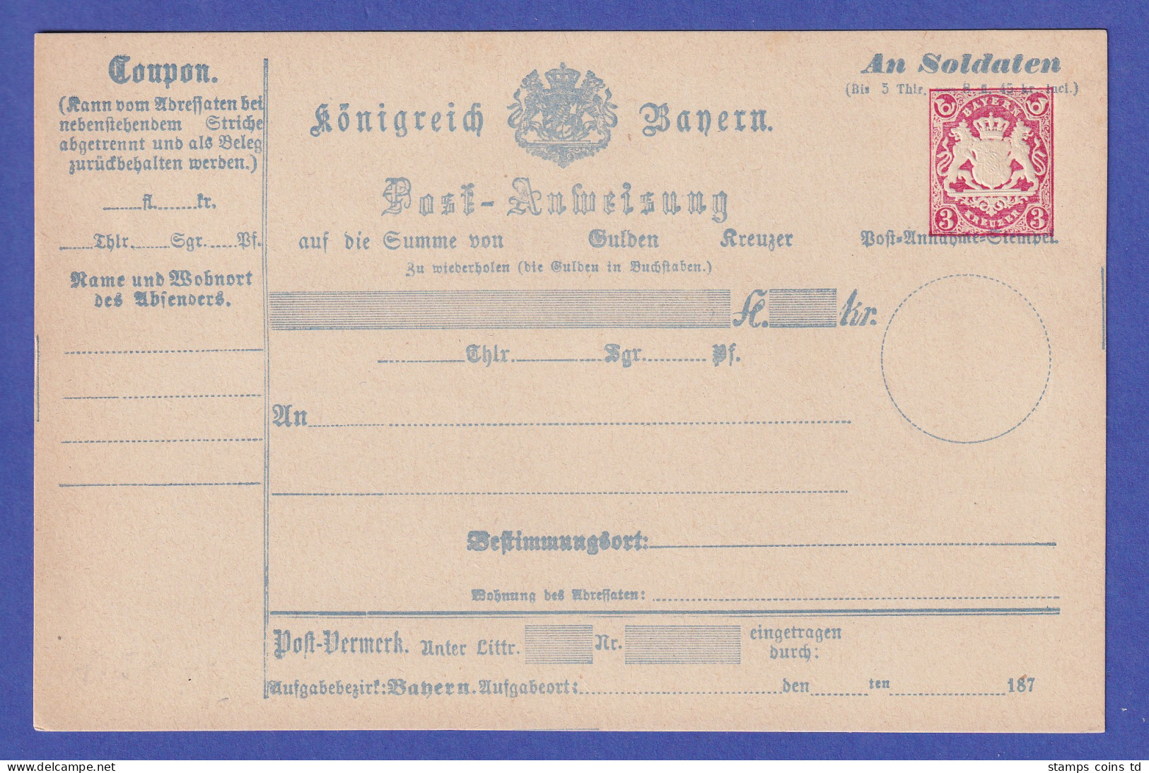 Bayern Ganzsache Postanweisung Mi.-Nr. A5 I Postfrisch ** - Postal  Stationery