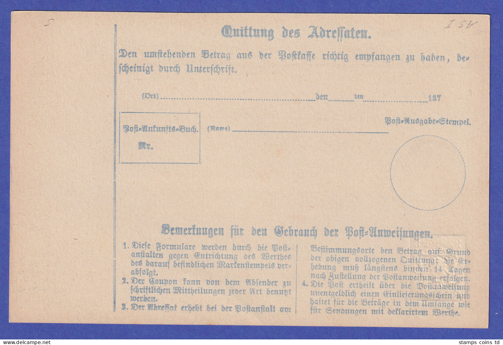 Bayern Ganzsache Postanweisung Mi.-Nr. A5 I Postfrisch ** - Interi Postali