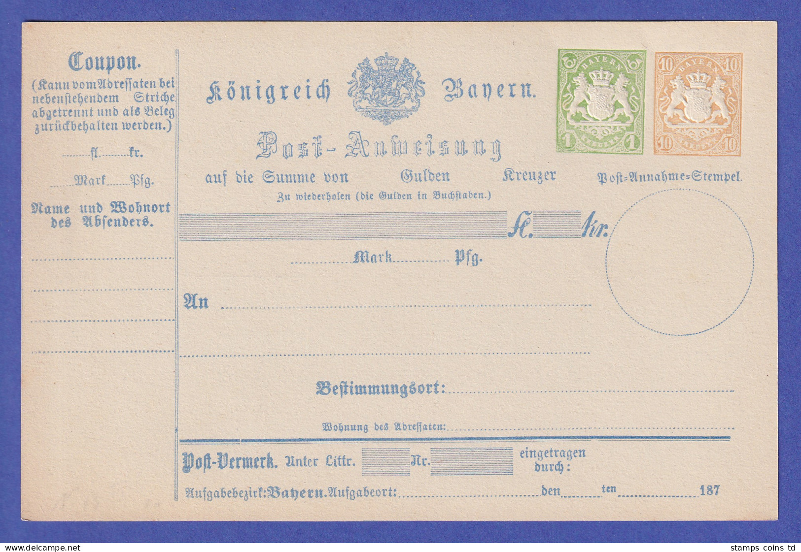 Bayern Ganzsache Postanweisung Mi.-Nr. A13 II Postfrisch ** - Entiers Postaux