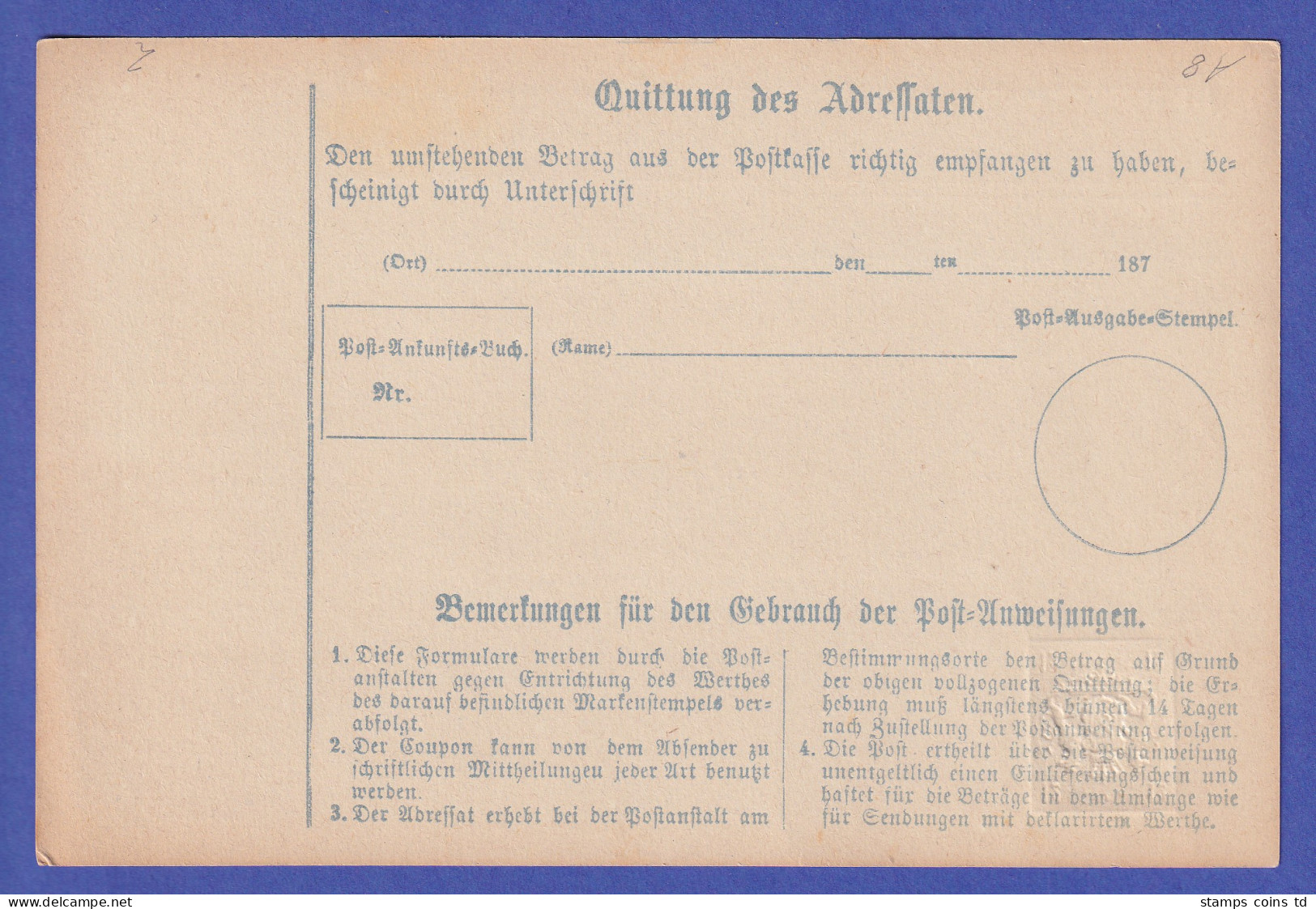 Bayern Ganzsache Postanweisung Mi.-Nr. A8 Postfrisch ** - Postal  Stationery