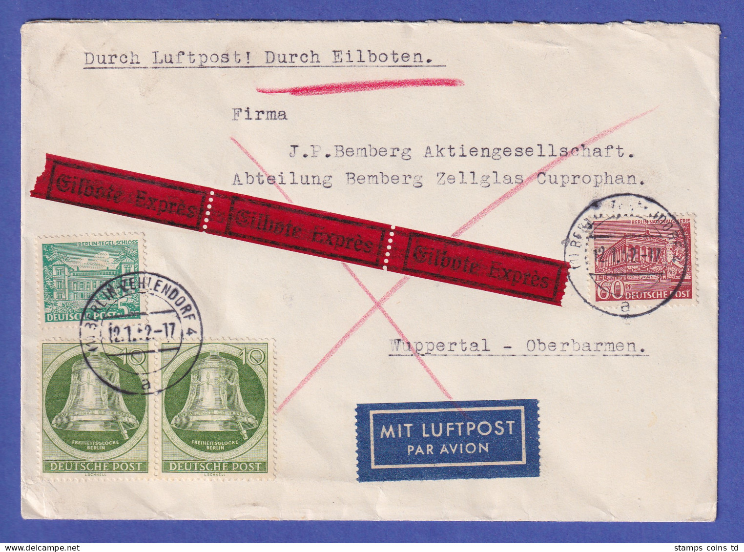 Berlin 1952 Luftpost-Eil-Brief Von BERLIN-ZEHLENDORF Nach Wuppertal-Oberbarmen - Autres & Non Classés