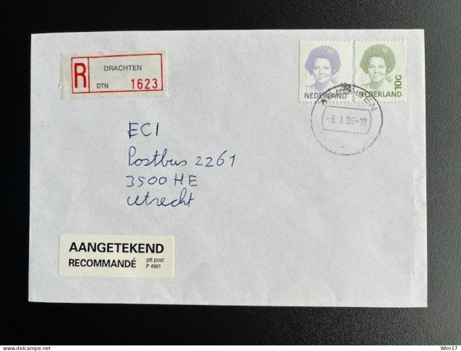 NETHERLANDS 1996 REGISTERED LETTER DRACHTEN TO UTRECHT 03-01-1996 NEDERLAND AANGETEKEND - Covers & Documents