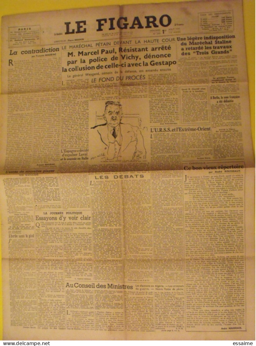 6 N° Le Figaro De 1945. Pétain Herriot  Potsdam Laval Japon Pacifique Gestapo épuration De Gaulle Tassigny Hiroshima - Other & Unclassified