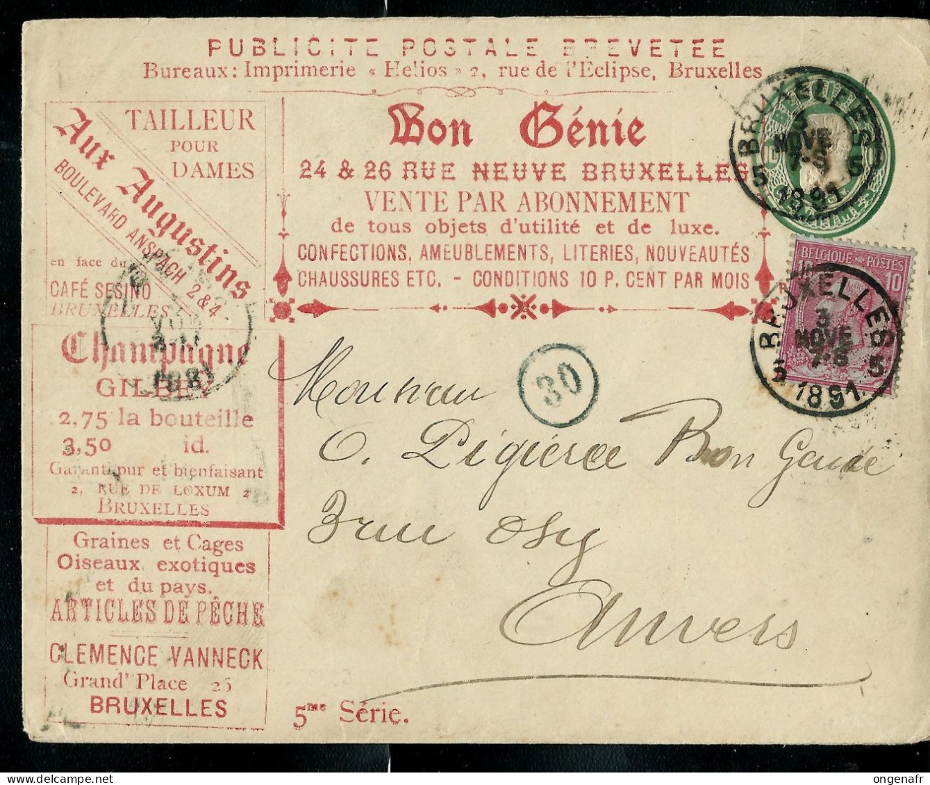 Enveloppe Avec Annonces: N° 3 B. B. ( Page 244 ) Obl. Bruxelles 03/11/1891 Pour Anvers , Nombreuses Publicités - Enveloppes