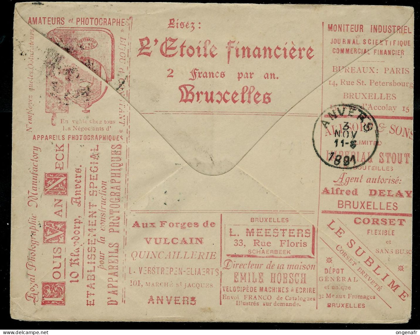 Enveloppe Avec Annonces: N° 3 B. B. ( Page 244 ) Obl. Bruxelles 03/11/1891 Pour Anvers , Nombreuses Publicités - Omslagen
