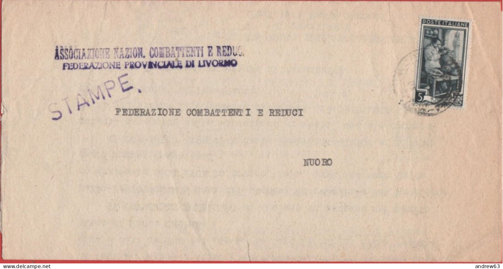 ITALIA - Storia Postale Repubblica - 1953 - 5 Italia Al Lavoro (Isolato) - Stampe - Associazione Nazionale Combattenti E - 1946-60: Storia Postale