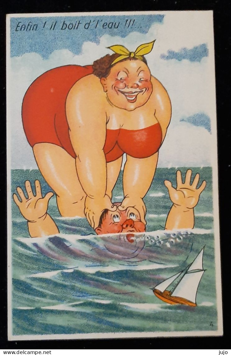 Illustrateur  - Humour - Femme En Maillot De Bain Et Homme -  Enfin! Il Boit D' L'eau !!!  - APF N°4  Nantes - Contemporanea (a Partire Dal 1950)