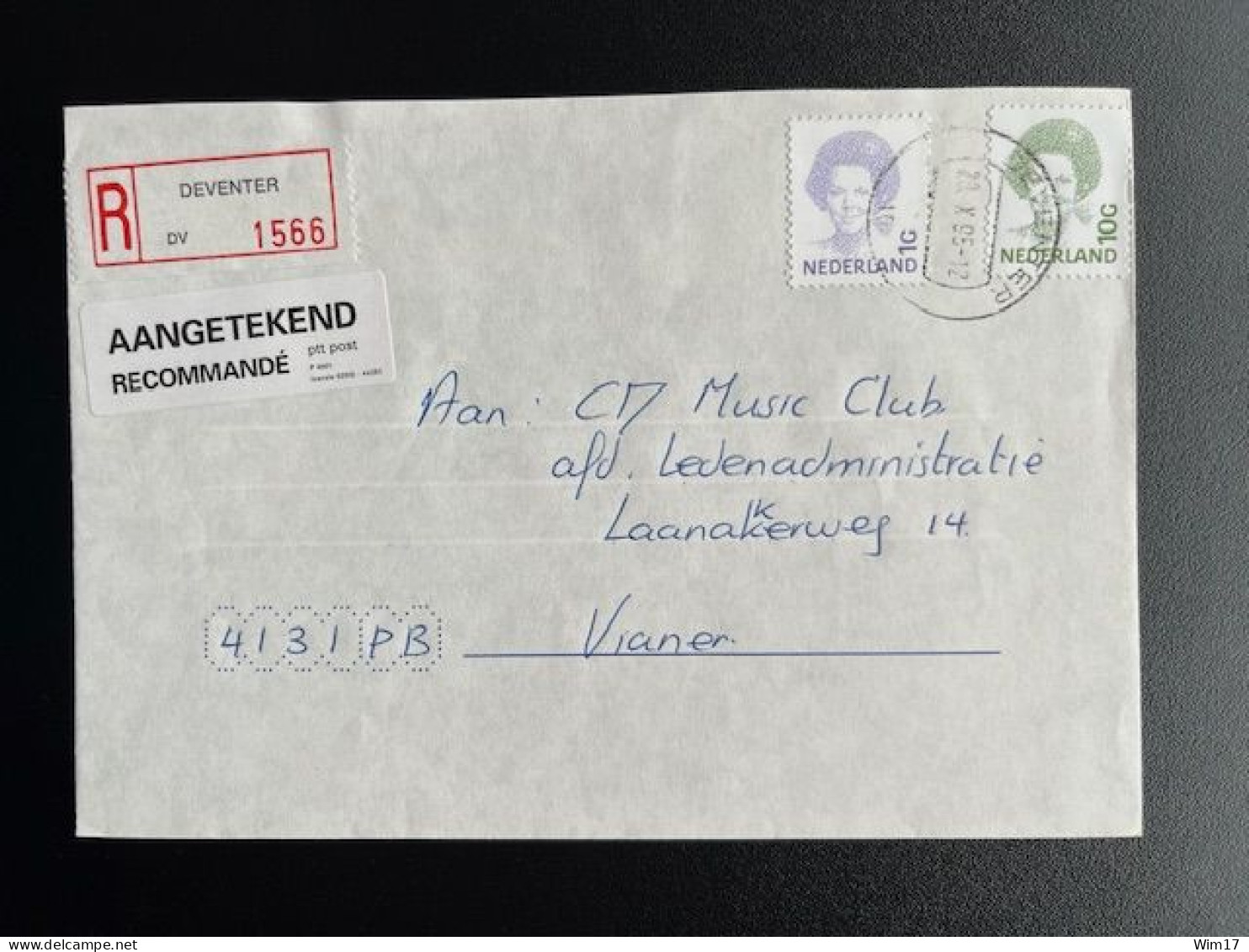 NETHERLANDS 1995 REGISTERED LETTER DEVENTER TO VIANEN 29-10-1995 NEDERLAND AANGETEKEND - Lettres & Documents