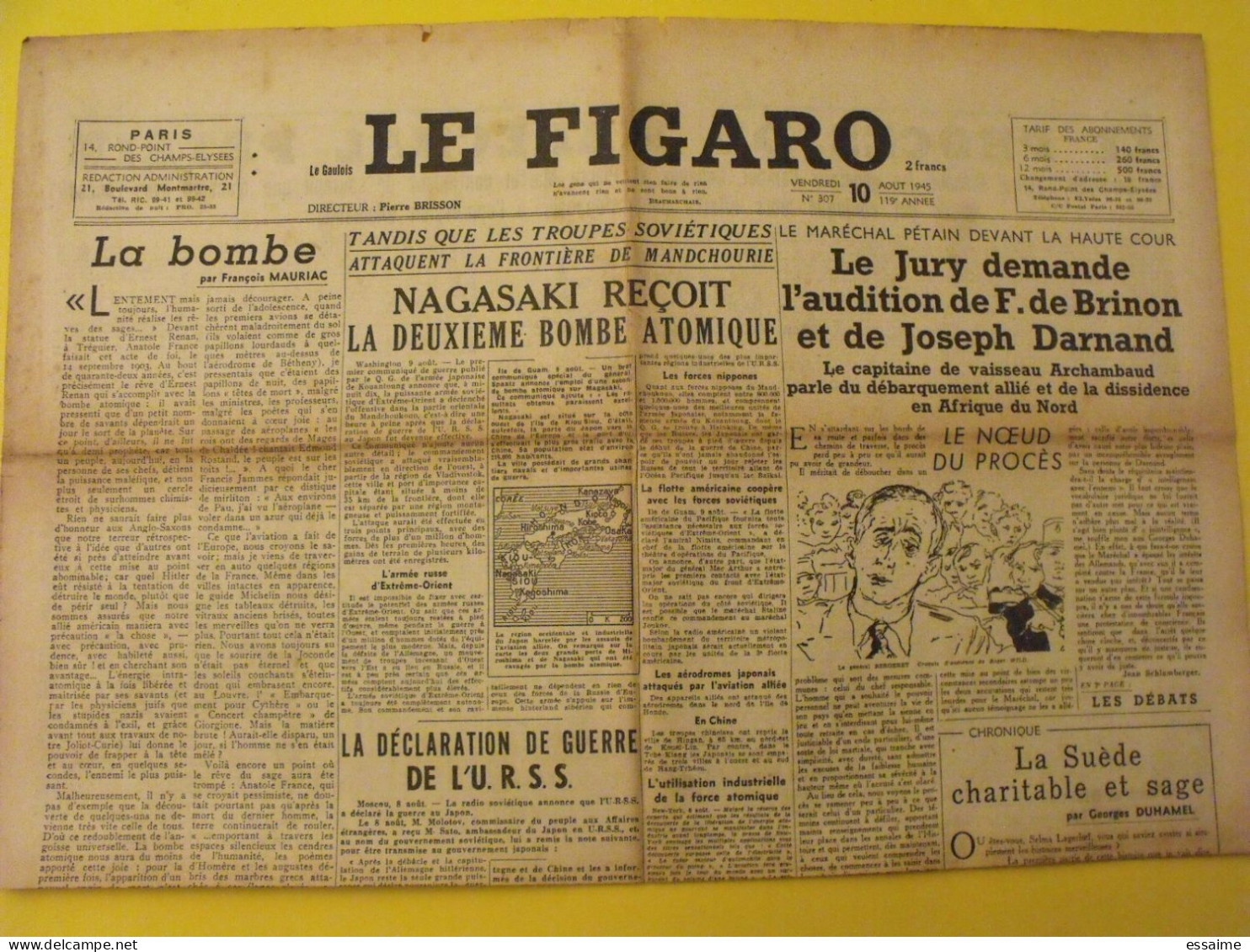 6 N° Le Figaro De 1945. Bombe Atomique Nagasaki Hiroshima De Brinon Darnand épuration Pétain Mauriac Capitulation Japon - Autres & Non Classés