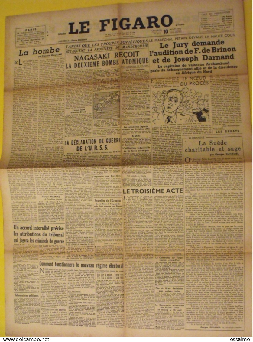 6 N° Le Figaro De 1945. Bombe Atomique Nagasaki Hiroshima De Brinon Darnand épuration Pétain Mauriac Capitulation Japon - Sonstige & Ohne Zuordnung