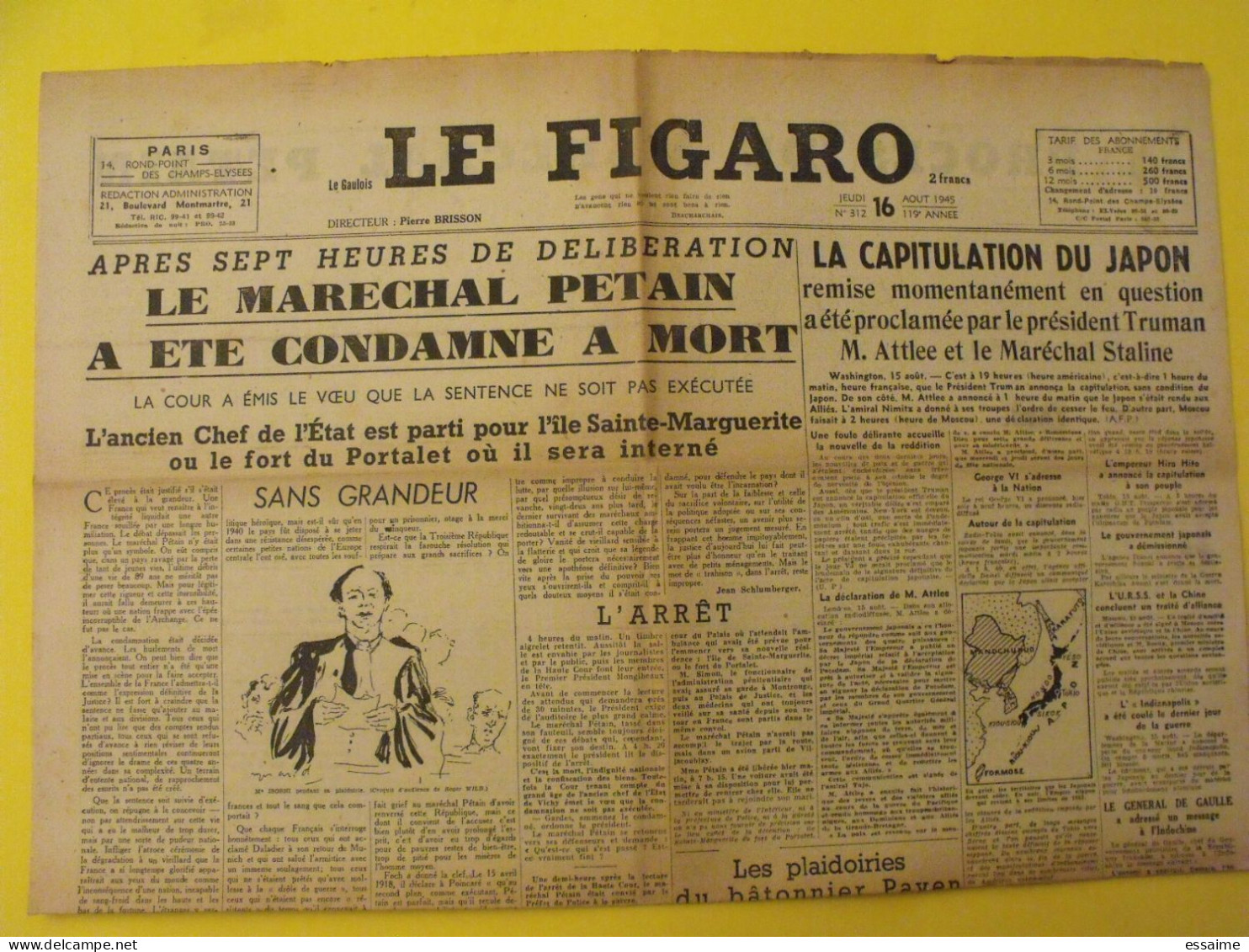 6 n° Le Figaro de 1945. bombe atomique Nagasaki Hiroshima De Brinon Darnand épuration Pétain Mauriac capitulation Japon