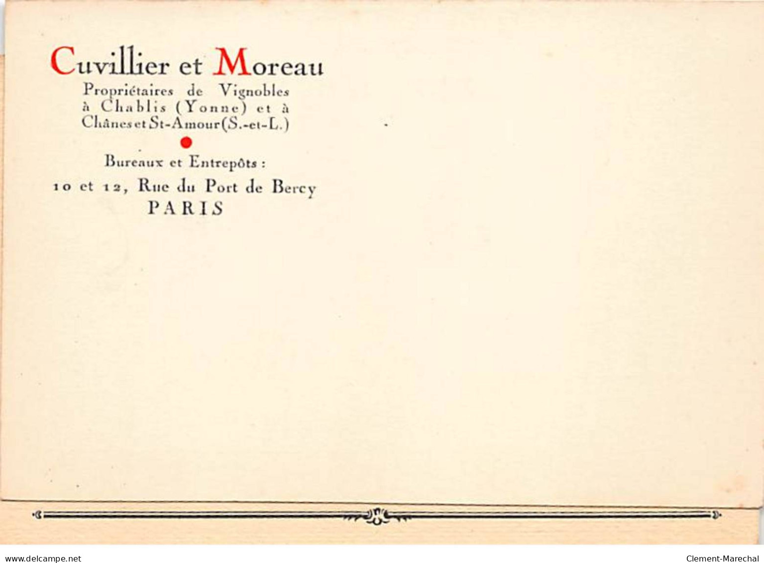 PARIS - " Cuvillier Et Moreau " Propriétaires De Vignobles à Chablis - Rue Du Port De Bercy - Très Bon état - Arrondissement: 12