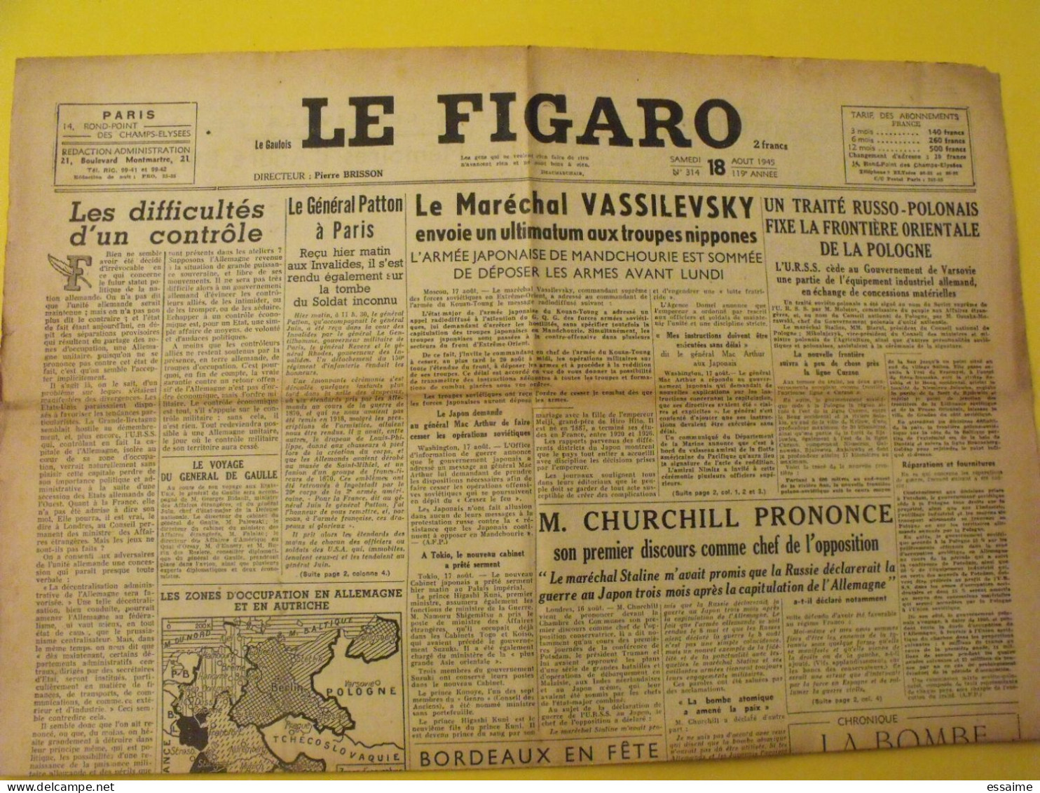 6 N° Le Figaro De 1945. Japon Chine Nankin Patton Churchill De Gaulle Pétain Japon Tanger Maroc Indochine Syrie Leclerc - Other & Unclassified