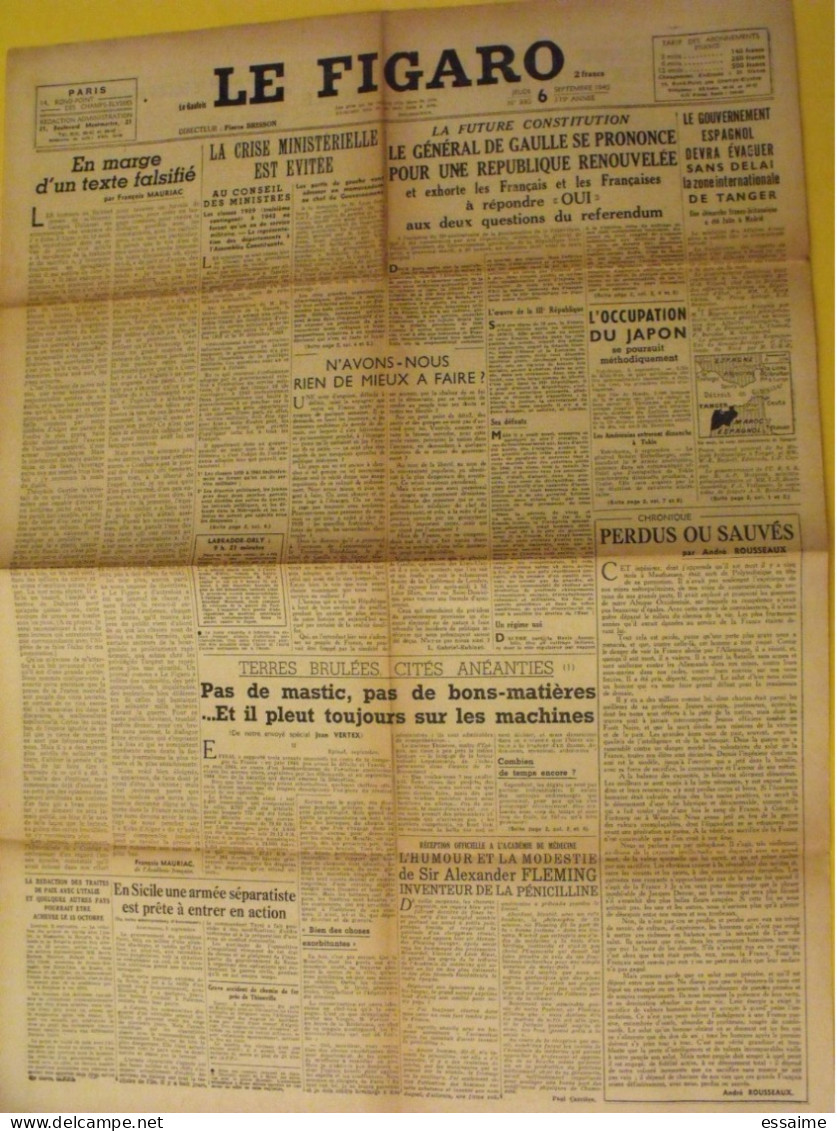 6 n° Le Figaro de 1945. Japon Chine Nankin Patton Churchill De Gaulle Pétain Japon Tanger Maroc Indochine Syrie Leclerc