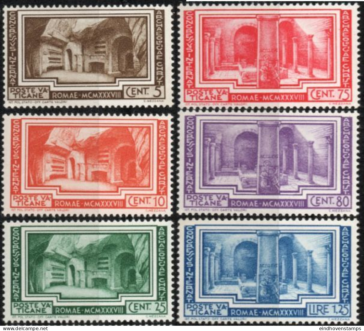 Vatican 1938 Christian Archeology Congress 6 Values MNH Crypt In The Catacombs Of Kallist, Basilica In The Catacombs Of - Neufs