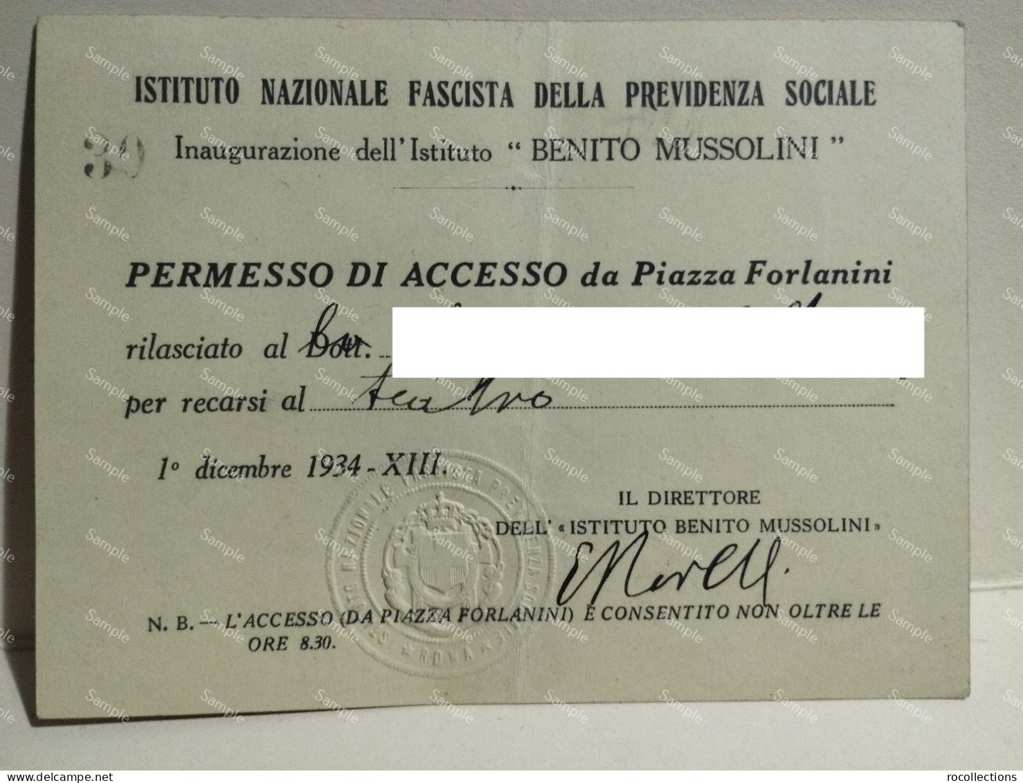 Italia Roma PERMESSO DI ACCESSO Inaugurazione Istituto  BENITO MUSSOLINI 1 Dicembre 1934. - Tickets - Vouchers