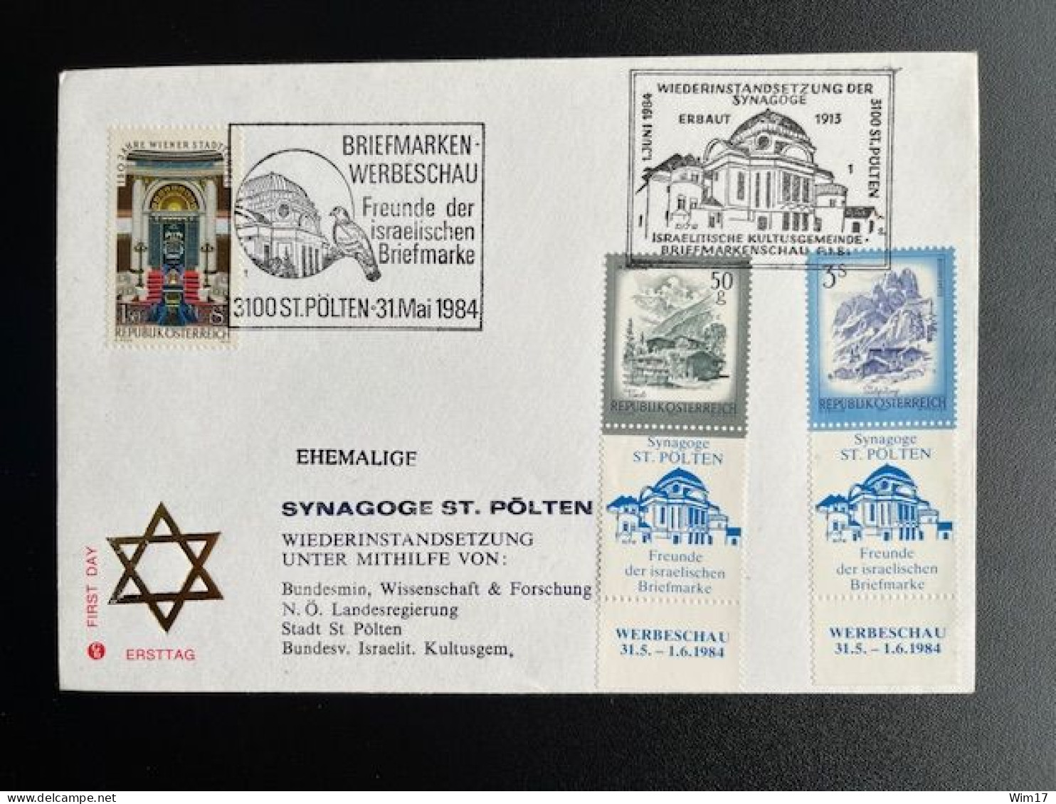 AUSTRIA 1984 SPECIAL COVER REBUILD OF THE ST. POLTEN SYNAGOGUE 07-05-1985 OOSTENRIJK OSTERREICH JUDAICA - Lettres & Documents