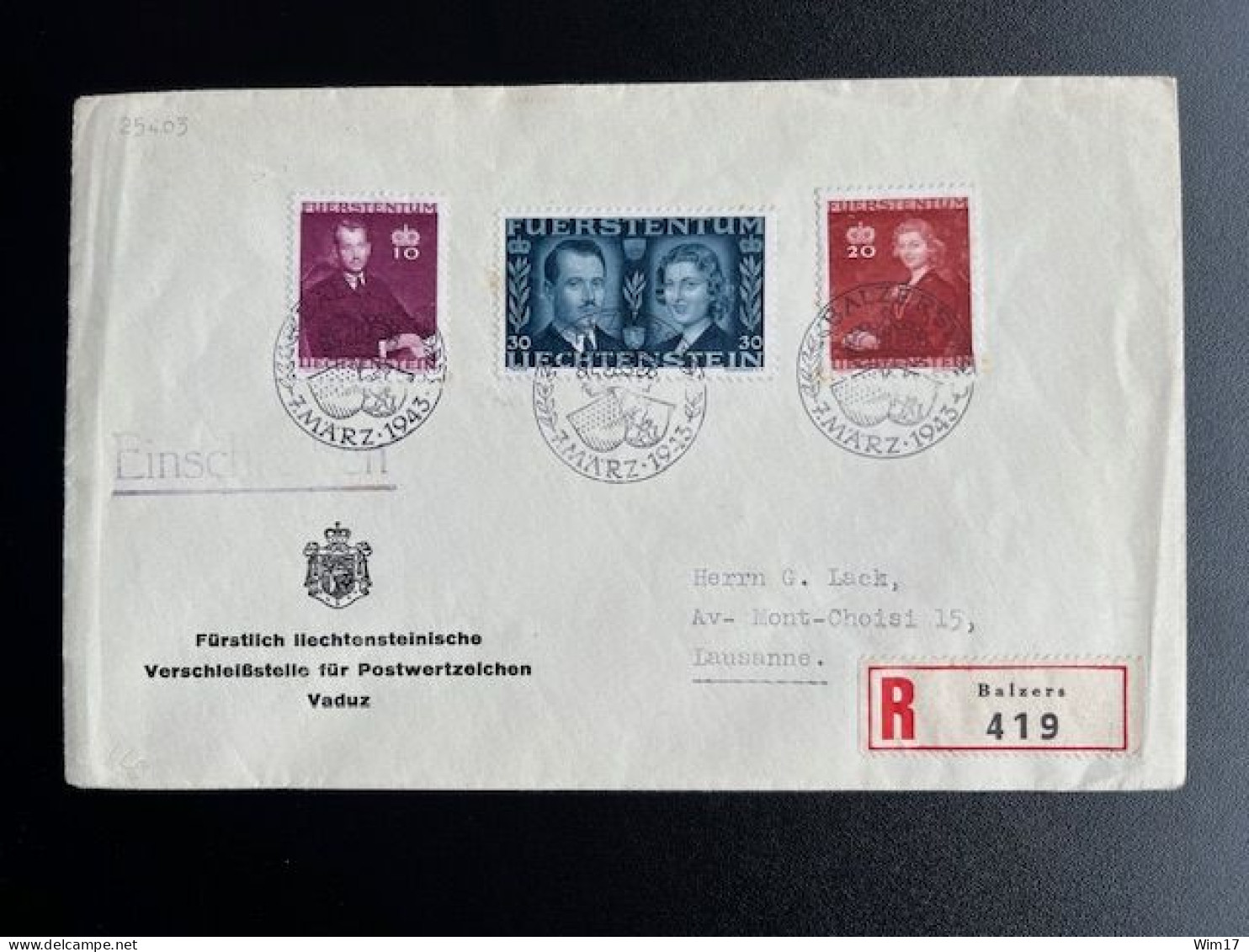 LIECHTENSTEIN 1943 REGISTERED LETTER BALZERS TO LAUSANNE 07-03-1943 EINSCHREIBEN - Storia Postale