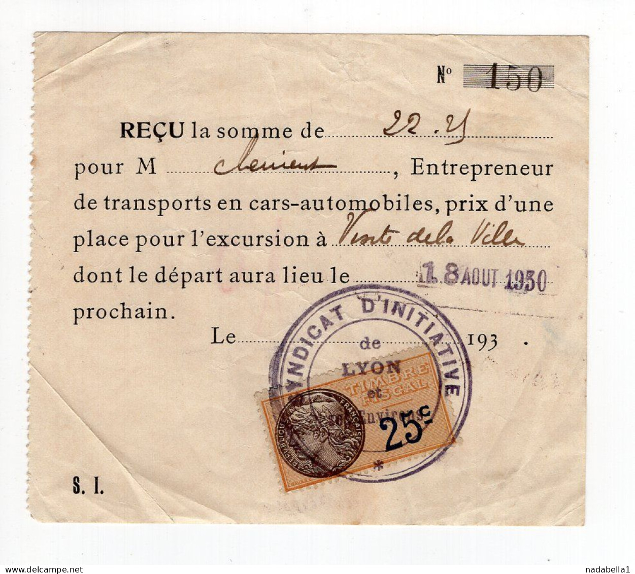 1930. FRANCE,LYON,25 C REVENUE STAMP,ENTRY TICKET - Covers & Documents