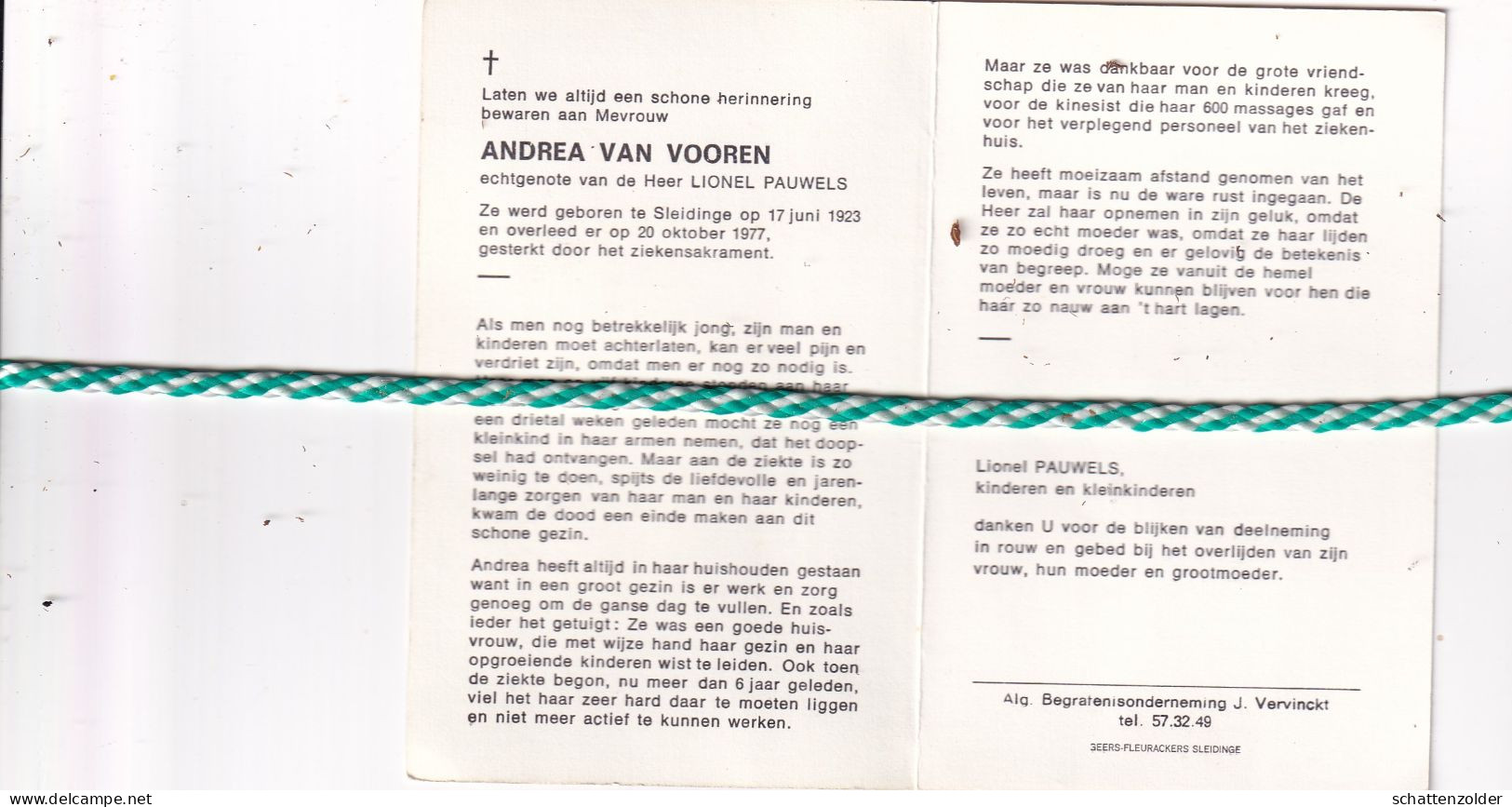 Andrea Van Vooren-Pauwels, Sleidinge 1923, 1977 - Todesanzeige