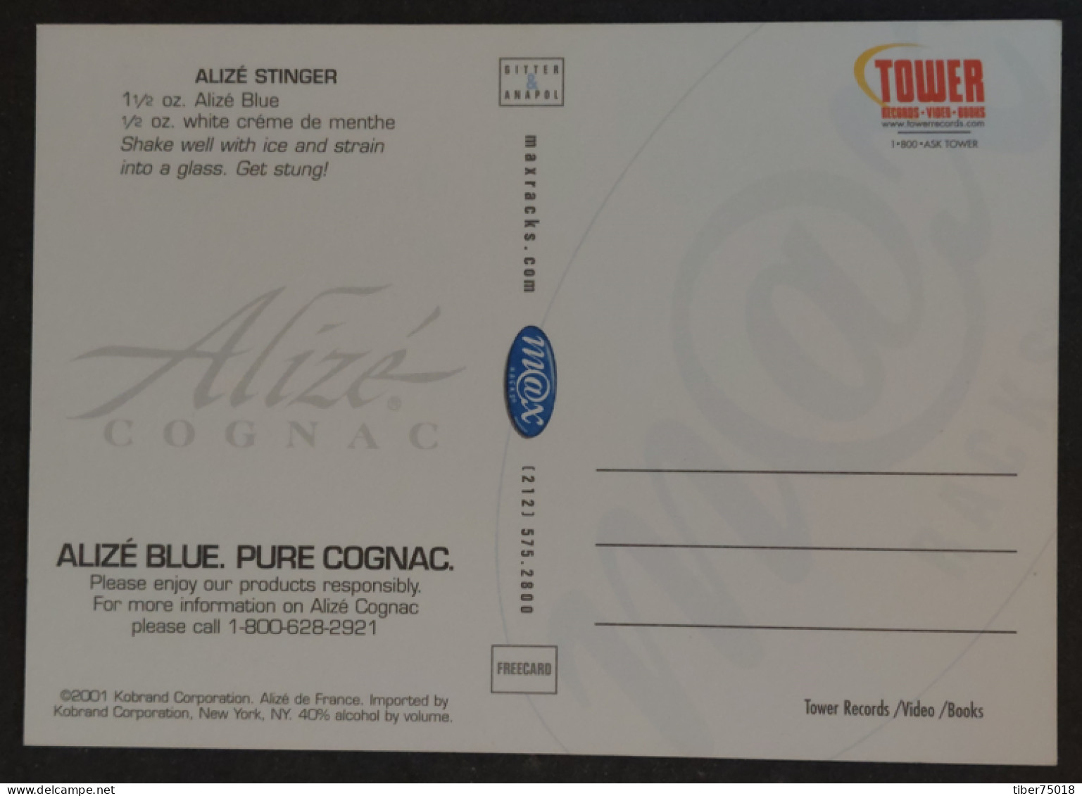 Carte Postale (Tower Records) Alizé Blue. Pure Cognac (boisson - Alcool) Suits Your Sense Of Style. - Advertising