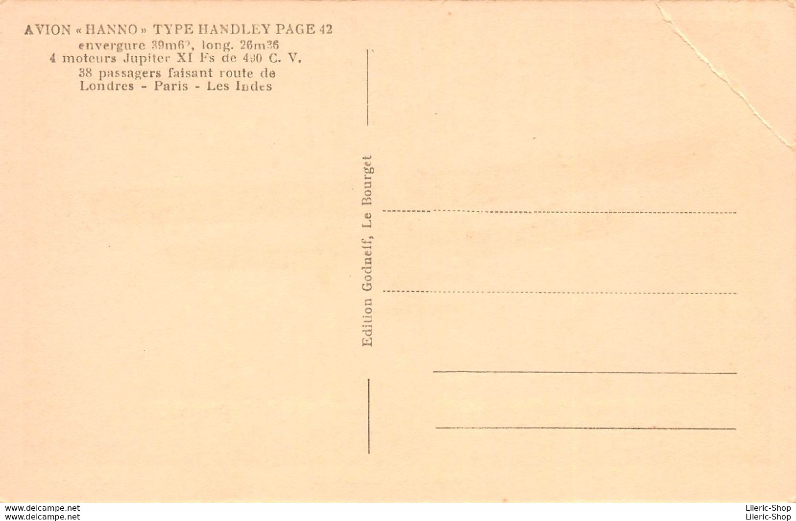 AVION LONG COURRIER  BIPLAN HANNO TYPE HANDLEY PAGE 42 - 38 Passagers -ligne Londres - Paris - Les Indes - 1919-1938: Between Wars