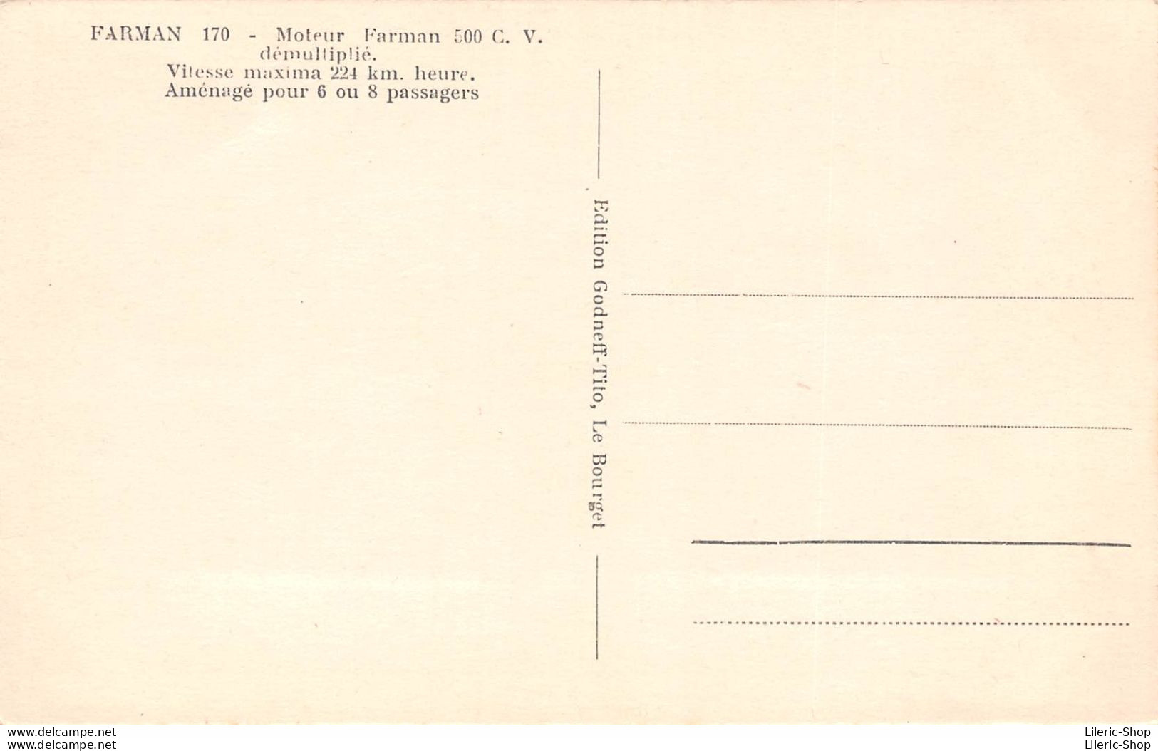 FARMAN 170 - Moteur Farman 500 C. V. Avion Monomoteur De Transport (6, 8 Passagers). 13 Exemplaires Construits. - 1919-1938