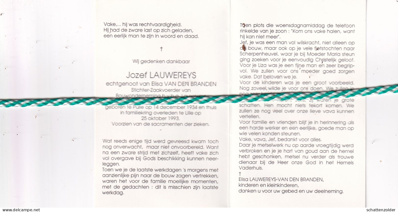 Jozef Lauwereys-Van Den Branden, Pulle 1934, Lille 1993. Sticher Zaakvoerder Bouwonderneming. Foto - Overlijden