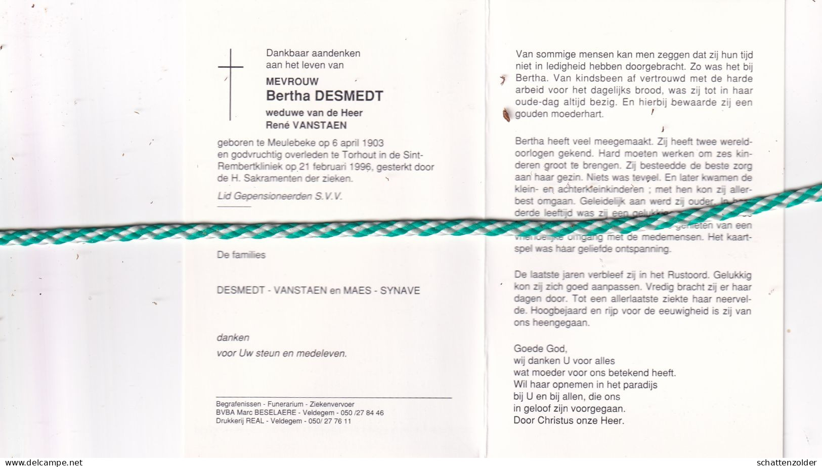 Bertha Desmedt-Vanstaen, Meulebeke 1903, Torhout 1996. Foto Kant Klossen - Esquela