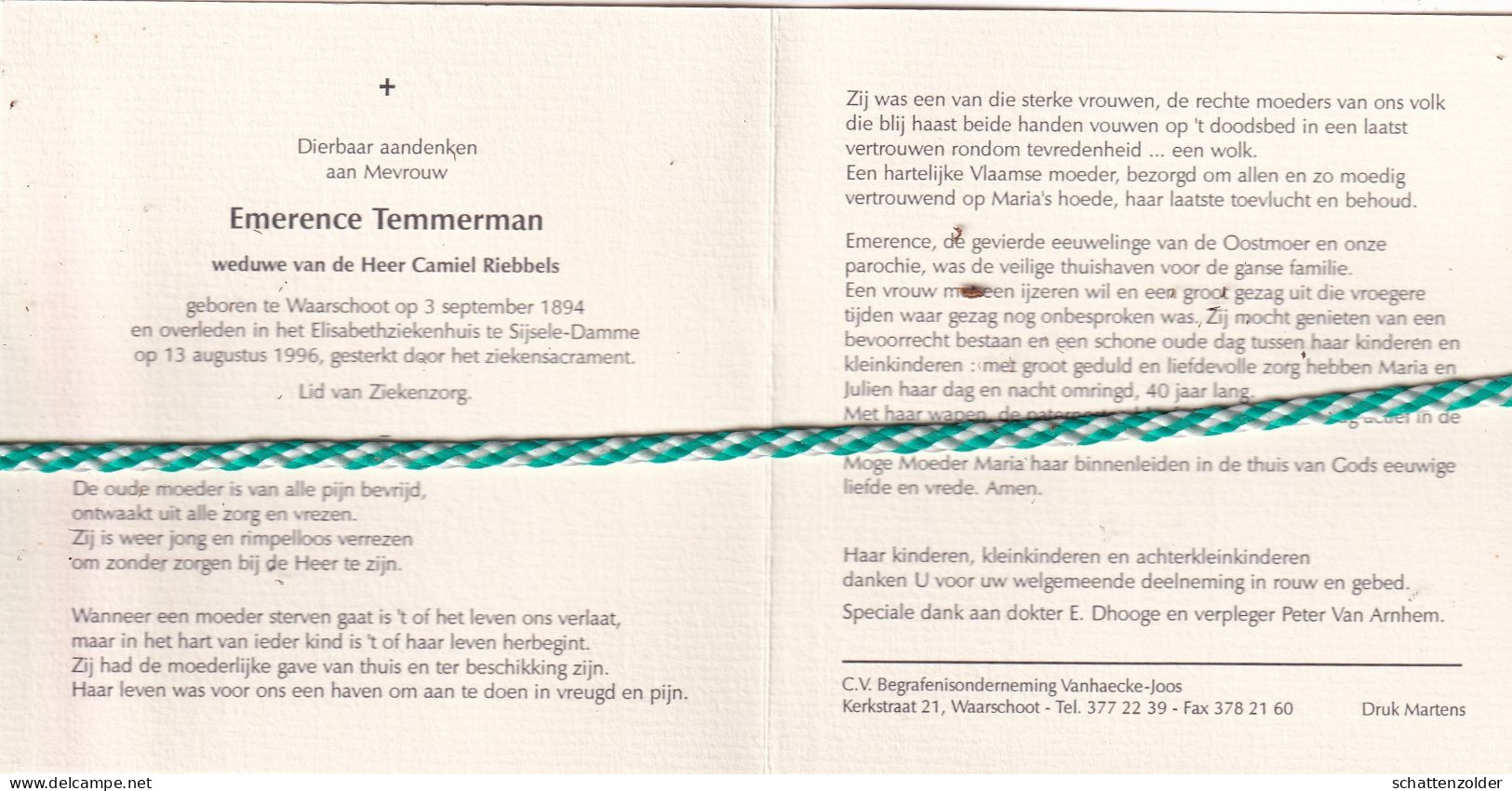Emerence Temmerman-Riebbels, Waarschoot 1894, Sijsele-Damme 1996. Honderdjarige. Foto - Esquela