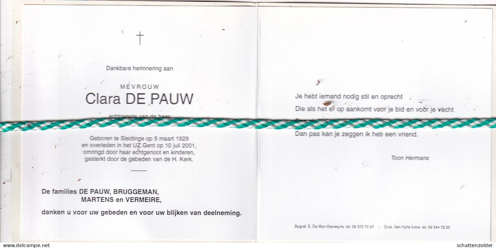 Clara De Pauw-Bruggeman, Sleidinge 1929, Gent 2001. Foto - Décès
