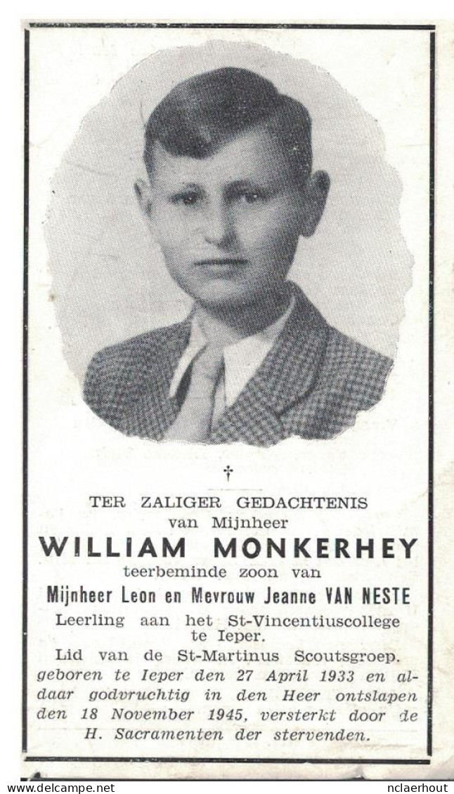 2404-01k William Monkerhey Ieper 1933 - 1945 Leerling St Vincentiuscolleg Lid St Martinus Scouts - Images Religieuses