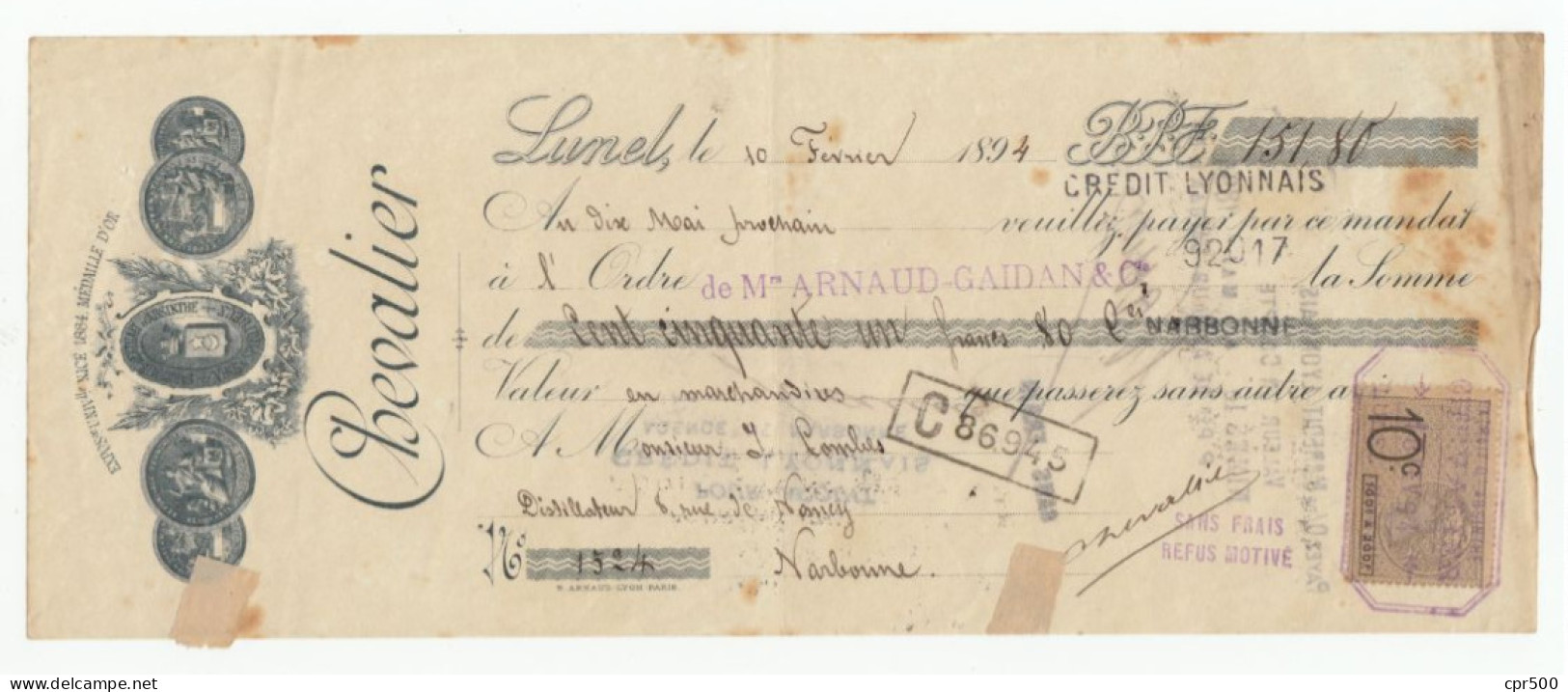 3 Mandats : Lunel 1894 + Bordeaux 1910 + Narbonne 1911 - Cachet Et Timbre Fiscal, Crédit Lyonnais - Wechsel