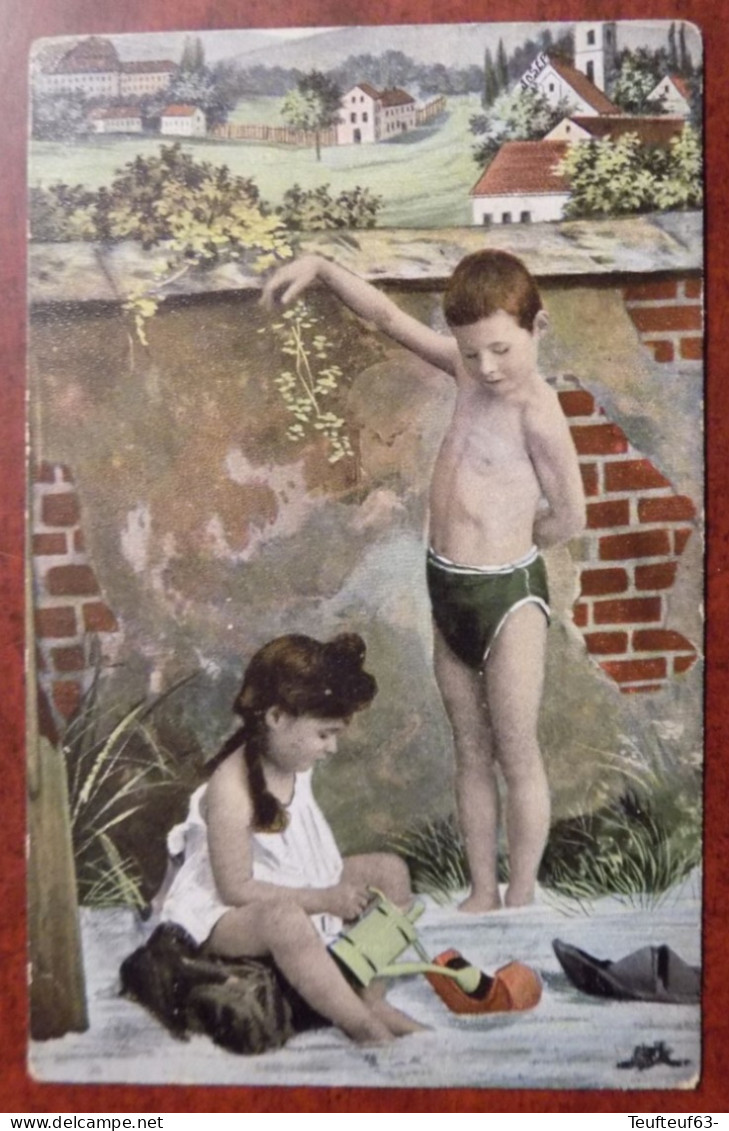 Cpa Deux Enfants Pieds Dans L'eau - Paysage - Pipe - Scènes & Paysages