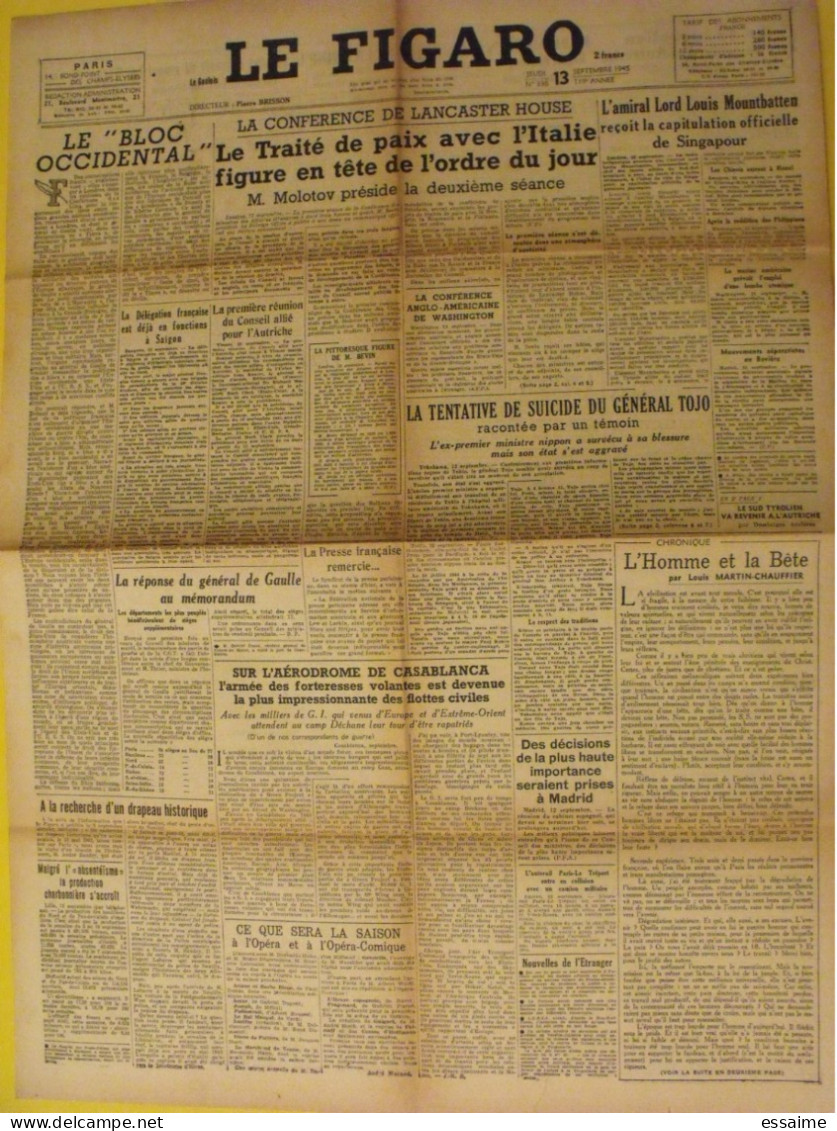 6 N° Le Figaro De 1945. Japon Tojo De Gaulle Saïgon Espagne Konoye Yougoslavie Paquis épuration Leclerc Belsen Indochine - Andere & Zonder Classificatie