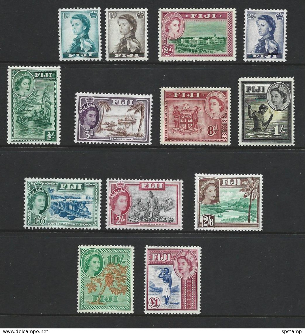 Fiji 1954 - 1956 QEII Definitives Part Set Of 13 MLH / MNH. 2/6 & 1 Pound MNH , 10/- MVLH - Fidji (...-1970)