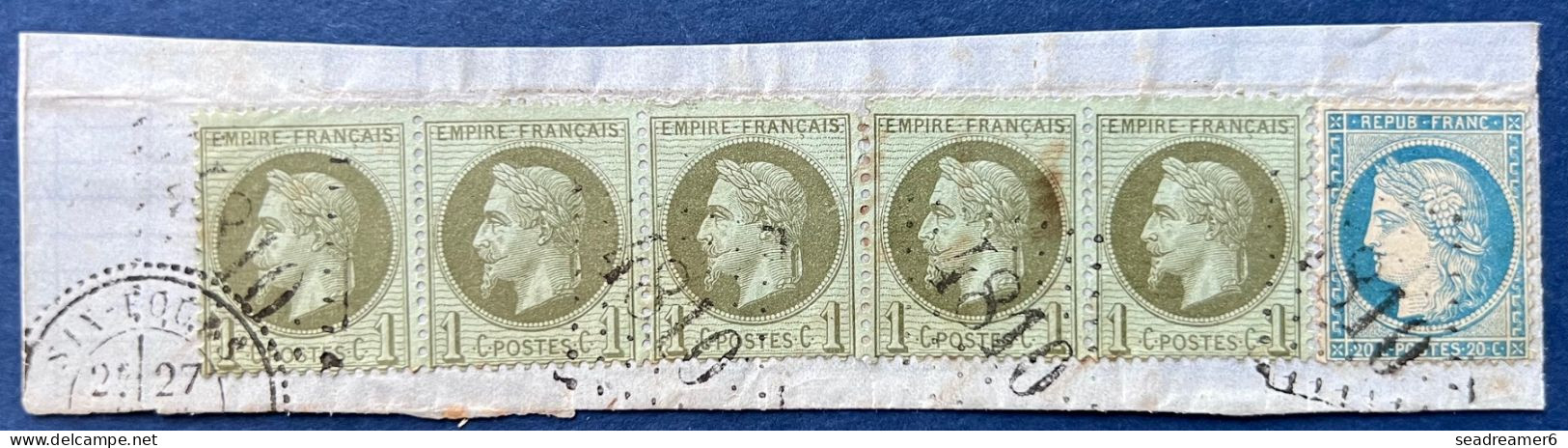 Fragment Napoléon LAURÉ N°19 Bande De 5 + Siège N°37 Oblitérés GC 4810 (ind 18) De SIX-FOURS + Dateur Perlé T24 - 1863-1870 Napoleon III With Laurels