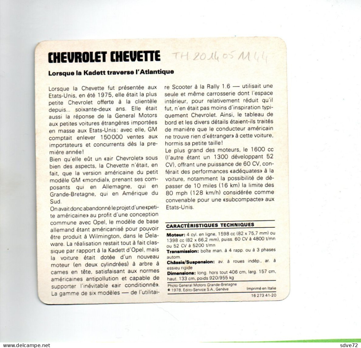 FICHE AUTOMOBILE - CHEVROLET CHEVETTE - Auto's