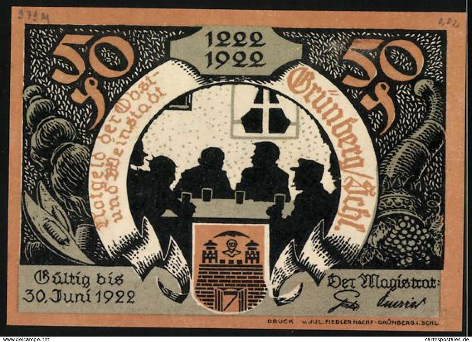 Notgeld Grünberg I. Schl. 1922, 50 Pfennig, Danktanz Für Errettung Vor Der Pest 14 U. 15. Jahrh.  - Lokale Ausgaben