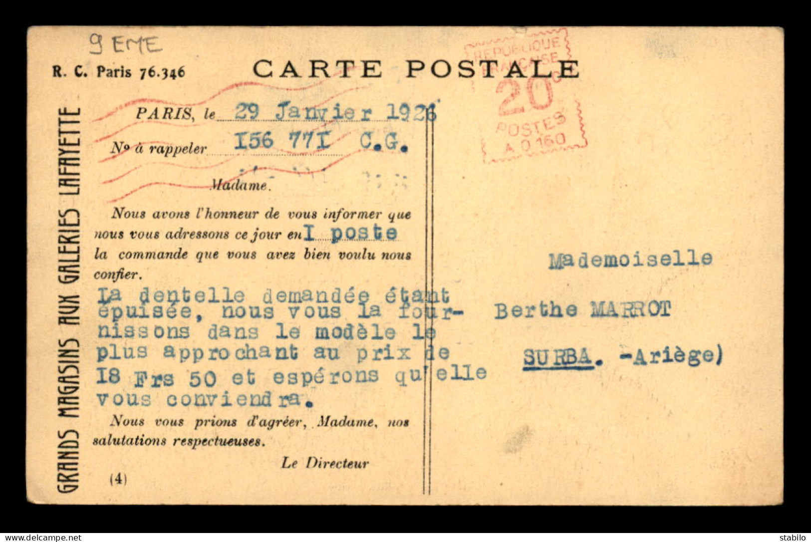 75 - PARIS 9EME - RUE SCRIBE - CARTE DE SERVICE DES GRANDS MAGASINS AUX GALERIES LAFAYETTE - District 09
