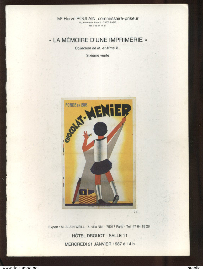 AFFICHES - CATALOGUE DE VENTE "LA MEMOIRE D'UNE IMPRIMERIE" - 1987 - Trödler & Sammler